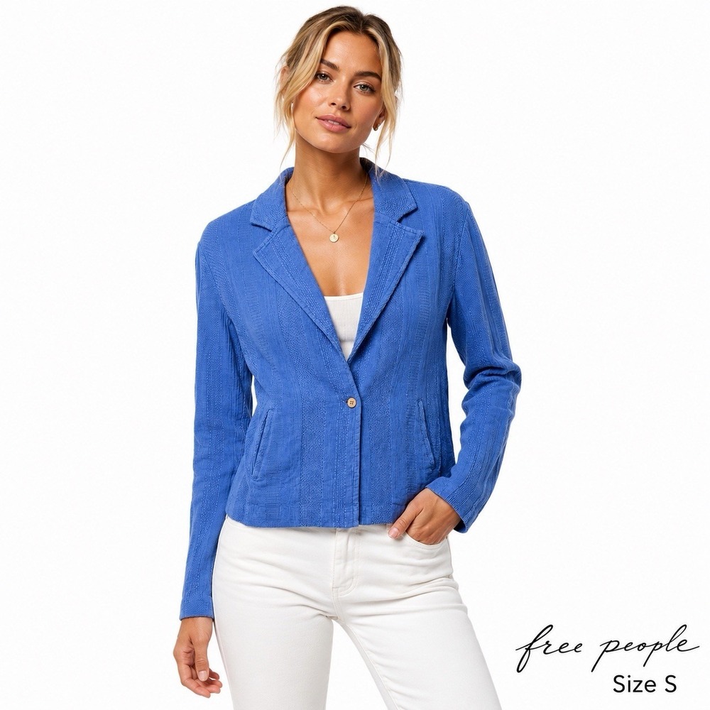 Free People Women's S Blue Cotton Linen Blend Textured Knit Blazer Jacket Boho